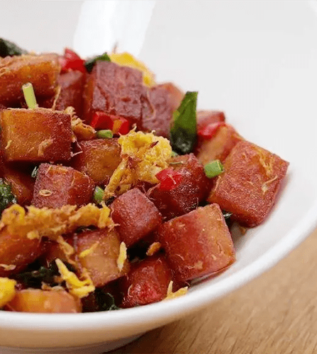 Crispy Luncheon Meat with Egg Floss