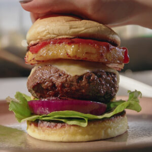 BURGER WITH KETCHUP GLAZED PINEAPPLE